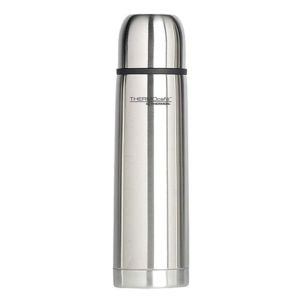 Thermos Everyday Flask 1 Litre stainless steel thermos with black band and cap isolated on white background