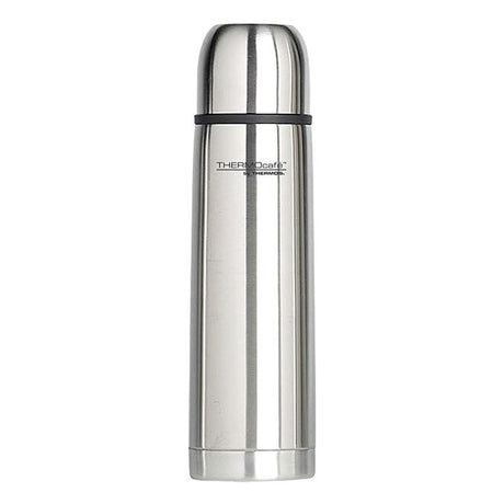 Thermos Everyday Flask 1 Litre stainless steel thermos with black band and cap isolated on white background