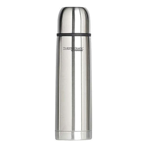 Thermos Everyday Flask 1 Litre stainless steel vacuum insulated bottle with black band and cap on white background