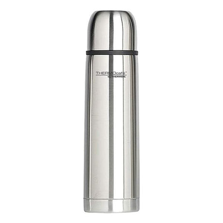 Thermos Everyday Flask 1 Litre stainless steel vacuum insulated bottle with black band and cap on white background