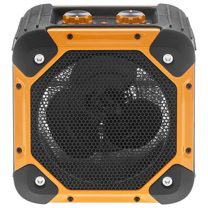 Front view of Dimplex Rugged Workshop Electric Fan Heater 3KW model RUG3TS featuring orange metal frame with black rubber corners, large black hexagonal mesh grille, two orange control dials on top, and industrial-style design for heavy-duty use