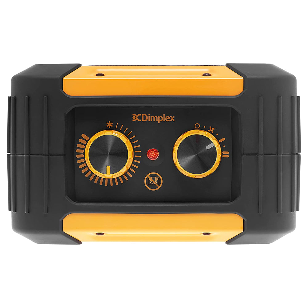 Dimplex Rugged Workshop Electric Fan Heater 3KW RUG3TS with black and yellow design featuring two control dials and red indicator light on front panel