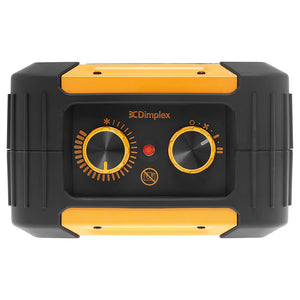Dimplex Rugged Workshop Electric Fan Heater 3KW RUG3TS with black and yellow design featuring two control dials and red indicator light on front panel