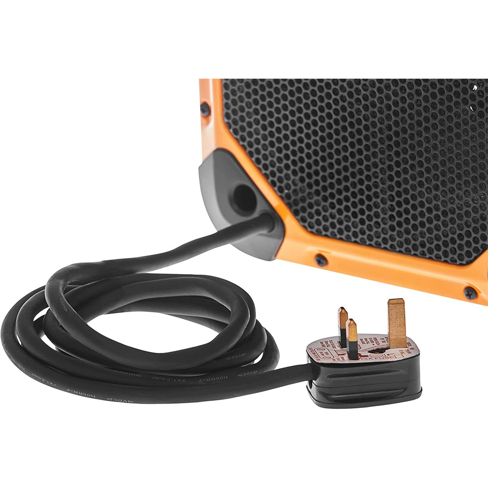 Dimplex Rugged Workshop Electric Fan Heater 3KW showing orange and black casing with dark grey perforated mesh front, coiled black power cable and three-pin UK plug connector