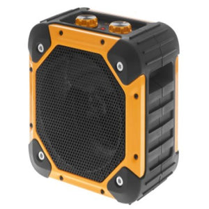 Dimplex Rugged Workshop Electric Fan Heater 3KW RUG3TS with orange and black heavy-duty casing, mesh front grille, top-mounted controls and rubber corner bumpers