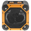 Front view of Dimplex Rugged Workshop Electric Fan Heater 3KW model RUG3TS featuring orange and black rugged casing with black mesh grille, dual control knobs on top, and corner-mounted rubber feet for durability