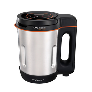 Morphy Richards Soup Maker Compact stainless steel and black blender with orange trim, 1 litre capacity, featuring digital control panel and large handle for kitchen counter use