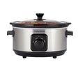 Morphy Richards stainless steel and black ceramic slow cooker with 3.5 litre capacity, featuring a glass lid and control dial showing heat settings