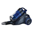 Morphy Richards bagless cylinder vacuum cleaner with blue and black design, featuring transparent dust collection chamber and hose attachment