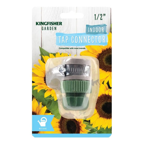 Kingfisher Garden 1/2 inch indoor tap connector with green ribbed grip and metal hose clamp on packaging decorated with yellow sunflowers