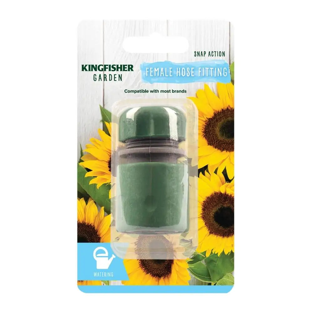 Kingfisher Garden green snap action female hose fitting with black connector band on retail packaging decorated with sunflowers