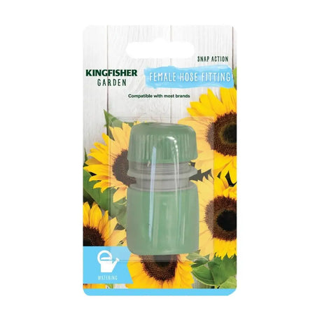 Kingfisher Garden green plastic female snap action hose fitting on blister pack packaging with sunflower design and blue watering can logo