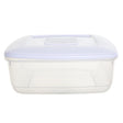 Clear plastic food storage container with lavender lid and integrated handles, 7 litre capacity, rectangular shape with airtight seal
