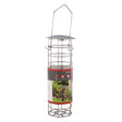 Redwood Leisure Deluxe hanging bird fat ball feeder with metal wire cage, gray top and bottom caps, red and white product packaging band, and hanging chain hook on white background