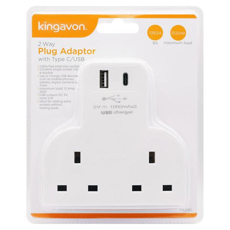 Kingavon 2 Way Plug Adaptor with USB A & USB C Charge Sockets - White | PA080