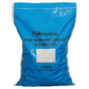 Homefire Restaurant Grade Charcoal 12kg bag in bright blue packaging with white label and rope handle for BBQ and grilling