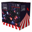 Festive 1000 Carnival Firefly Lights packaging box showing red and white striped carnival tent design with illuminated red and white fairy lights displayed on front, 26m green cable, suitable for indoor and outdoor use