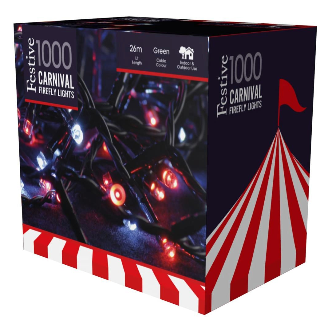 Festive 1000 Carnival Firefly Lights packaging box showing red and white striped carnival tent design with illuminated red and white fairy lights displayed on front, 26m green cable, suitable for indoor and outdoor use