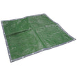 Heavy-duty green and silver tarpaulin with reinforced edges and metal eyelets, 5.4 x 5.4m folded display view