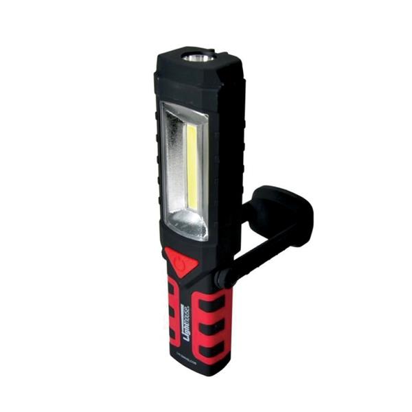 Lighthouse COB swivel work light and torch with red and black rubberised grip, white LED panel and top-mounted torch, 220 lumen output