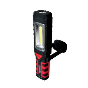 Lighthouse COB swivel work light and torch with red and black rubberised grip, white LED panel and top-mounted torch, 220 lumen output
