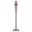 Dyson V15 Detect Absolute cordless vacuum cleaner with purple and silver design, shown in upright position with motorized brush head displaying colorful bristles in green, blue and yellow tones
