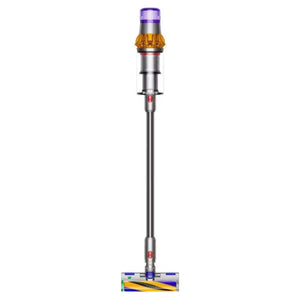 Dyson V15 Detect Absolute cordless vacuum cleaner with purple and silver design, shown in upright position with motorized brush head displaying colorful bristles in green, blue and yellow tones