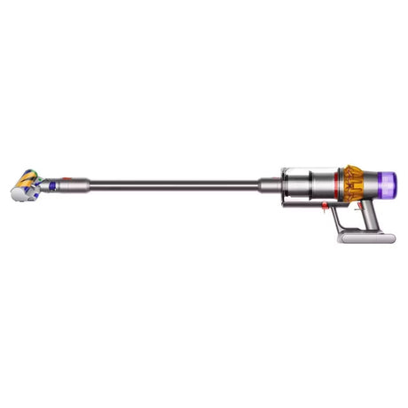 Dyson V15 Detect Absolute cordless vacuum cleaner with telescopic steel wand, purple and gold motor head, gray grip handle, and laser dust detection technology shown in side profile against white background