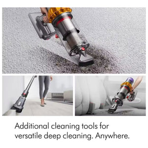 Dyson V15 Detect Absolute cordless vacuum cleaner shown with gold and silver motorhead unit and multiple interchangeable cleaning attachments demonstrating versatile deep cleaning capabilities on carpets, hard floors and upholstered surfaces