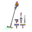 Dyson V12 Detect Slim Absolute cordless stick vacuum cleaner in silver, gold and purple with detachable head, showing main unit and interchangeable cleaning attachments including crevice tool, brush head, and floor heads on white background