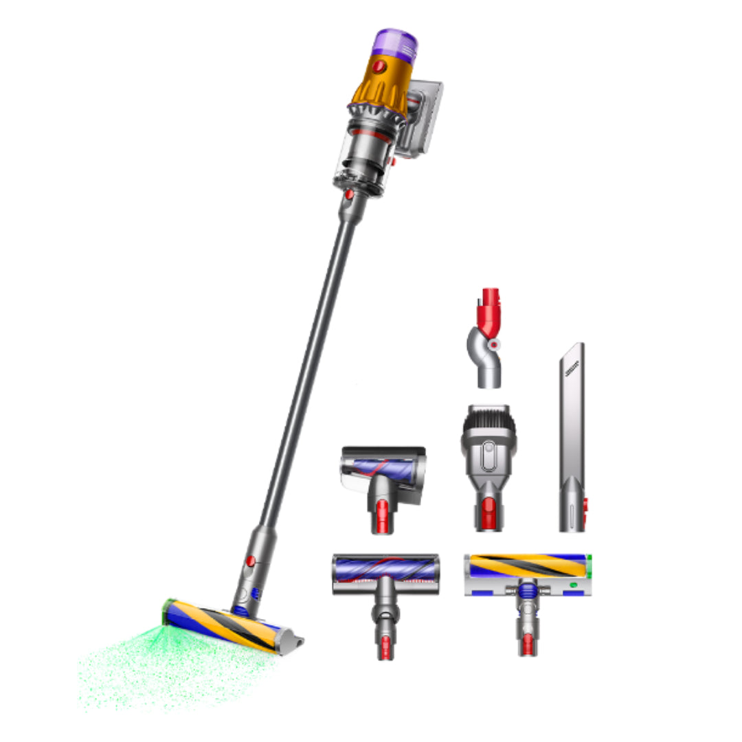 Dyson V12 Detect Slim Absolute cordless stick vacuum cleaner in silver, gold and purple with detachable head, showing main unit and interchangeable cleaning attachments including crevice tool, brush head, and floor heads on white background