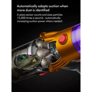 Dyson V12 Detect Slim vacuum cleaner cutaway showing gold and purple body with internal components including piezo sensor technology and three cyclone chambers, demonstrating automatic dust detection and suction adaptation feature