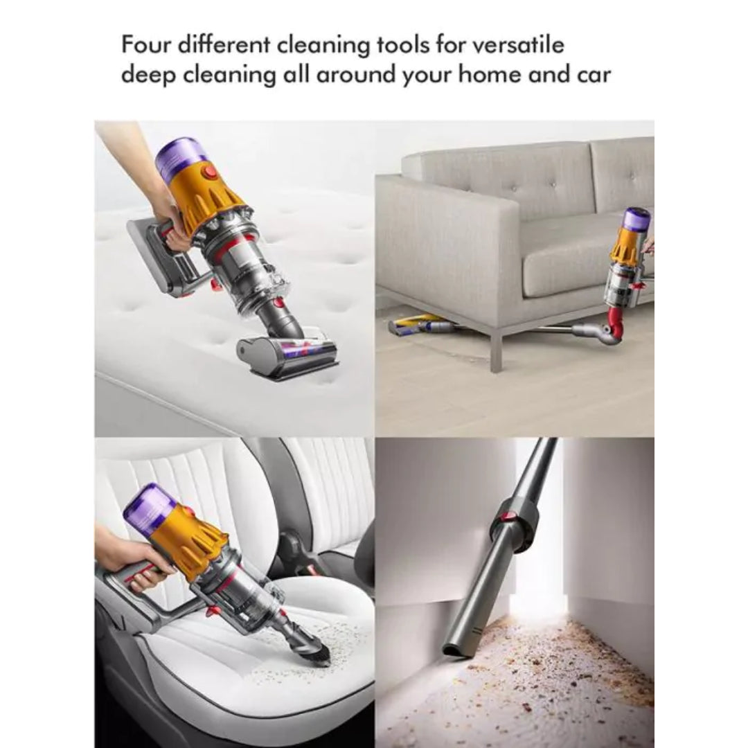 Dyson V12 Detect Slim vacuum cleaner in gold and purple shown in four cleaning scenarios: cleaning a white mattress, bare floors near a cream sofa, car upholstery, and under furniture with crevice tool attachment