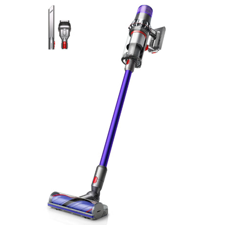 Dyson V11 Advanced cordless vacuum cleaner in purple and grey with red accents, showing main unit with motorized floor head and two included attachments against white background