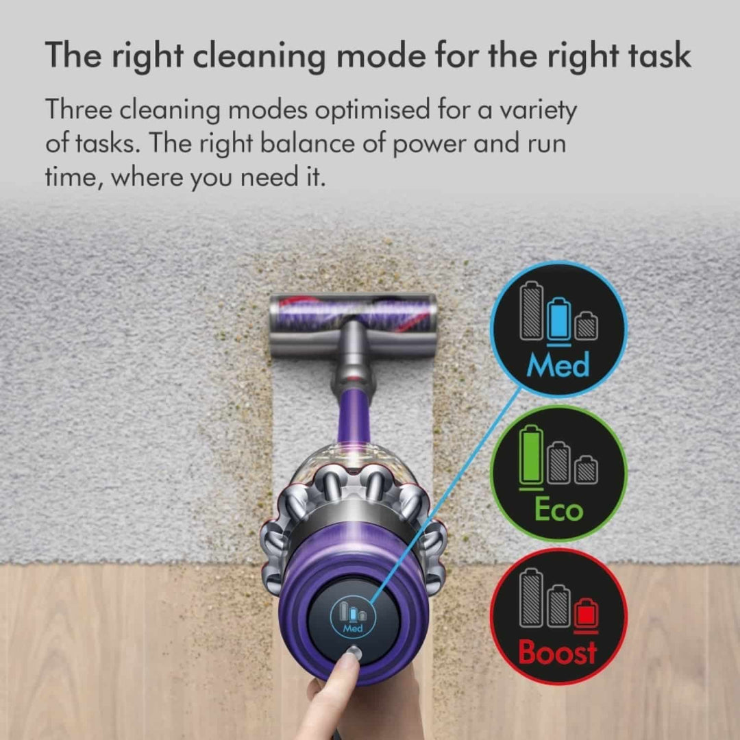 Dyson V11 Advanced cordless vacuum cleaner in purple and silver with three cleaning mode indicators showing Med, Eco, and Boost settings, demonstrated on carpet and hard floor surfaces
