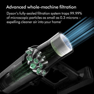 Dyson V11 Advanced cordless vacuum cleaner showing advanced whole-machine filtration system with sealed filter trapping 99.99% microscopic particles, featuring multiple green-highlighted filter chambers and white cylindrical filter head expelling clean air against black background
