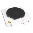 White portable electric single hot plate with black cast iron cooking surface, heat warning symbol, rotary temperature control dial, power indicator light and Quest brand logo