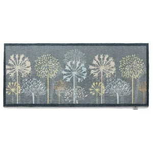 Hug Rug runner mat 65cm x 150cm with nature-inspired tree design featuring cream, white and sage green dandelion trees on charcoal grey background, durable indoor outdoor rug