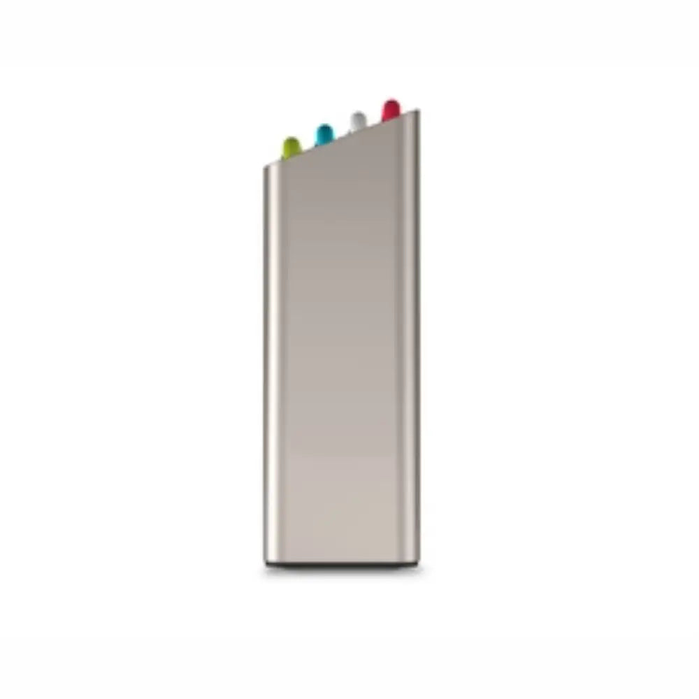 Joseph Joseph Folio Icon 4 Piece Chopping Board Set in multicolour showing stainless steel stand with four colour-coded boards in green, teal, grey and red stacked vertically