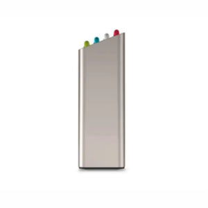 Joseph Joseph Folio Icon 4 Piece Chopping Board Set in multicolour showing stainless steel stand with four colour-coded boards in green, teal, grey and red stacked vertically