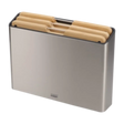 Joseph Joseph Folio Steel Bamboo 3 Piece Chopping Board Set with natural bamboo handles displayed in a grey stainless steel storage case