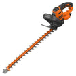 Black & Decker hedge trimmer with an orange and black color scheme, featuring a long blade on a handle.