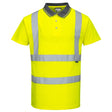 Portwest hi-vis yellow short-sleeve polo shirt with reflective silver stripes, gray collar with stripe detail, and button front fastening for safety workwear