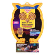 Yellow and black owl-shaped rechargeable bug zapper with LED lights, featuring large circular mesh eyes, orange feet, product labeling for Zero In Night Owl insect killer, and sunset background imagery on packaging