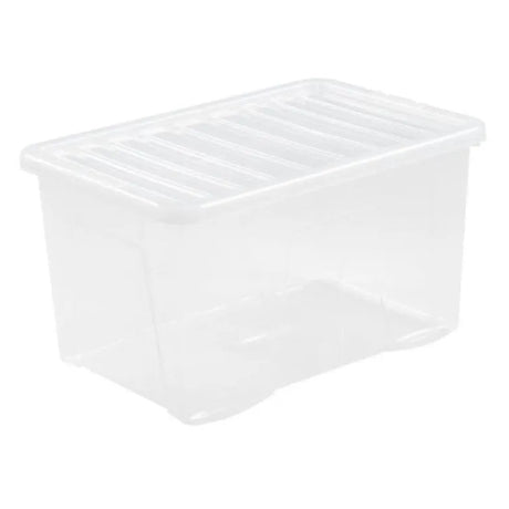 Clear plastic storage box with hinged lid, 60 litre capacity, rectangular shape with ventilation grooves on top, transparent polypropylene construction for visibility of contents