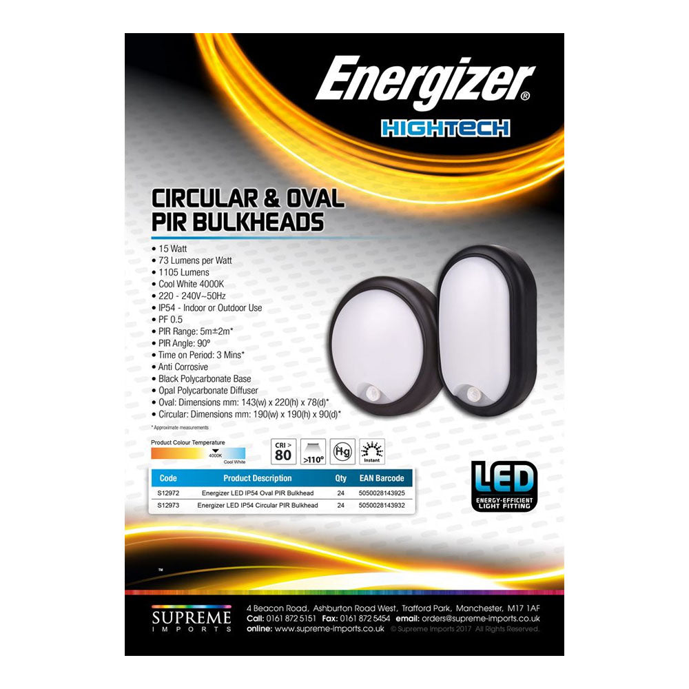 Energizer HighTech 15W LED circular and oval PIR bulkhead lights product sheet showing black polycarbonate fixtures with opal diffusers, specifications including 1105 lumens 4000K cool white, PIR sensor with 5m-2m range, IP54 rating, and product codes S12972 and S12973