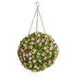 Hanging topiary ball 30cm diameter with pink roses and green foliage suspended from silver chain with hook