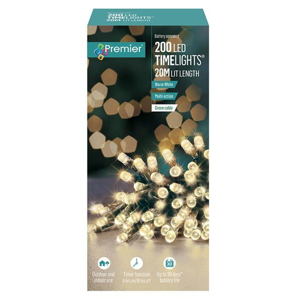 Premier 200 LED Battery Christmas Lights with Timer - Warm White | FLB112384WW