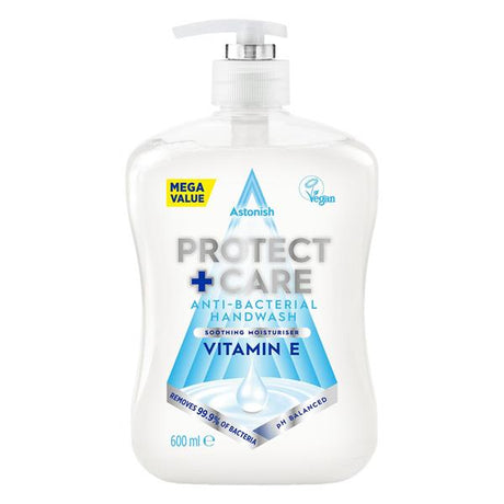 Astonish Protect and Care anti-bacterial liquid handwash 600ml bottle with pump dispenser featuring Vitamin E, displayed against white background with blue water droplet design and Mega Value label