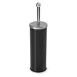 Black cylindrical toilet brush and holder with stainless steel lid and handle featuring a spherical top finial, modern minimalist design
